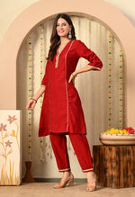 Thumbnail for Myshka Red Silk Blend Straight Round Neck Three-Quarter Sleeves Kurta Trousers Set - Distacart