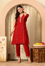 Thumbnail for Myshka Red Silk Blend Straight Round Neck Three-Quarter Sleeves Kurta Trousers Set - Distacart