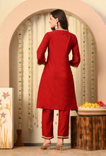 Thumbnail for Myshka Red Silk Blend Straight Round Neck Three-Quarter Sleeves Kurta Trousers Set - Distacart