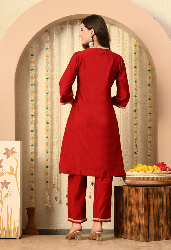 Myshka Red Silk Blend Straight Round Neck Three-Quarter Sleeves Kurta Trousers Set - Distacart