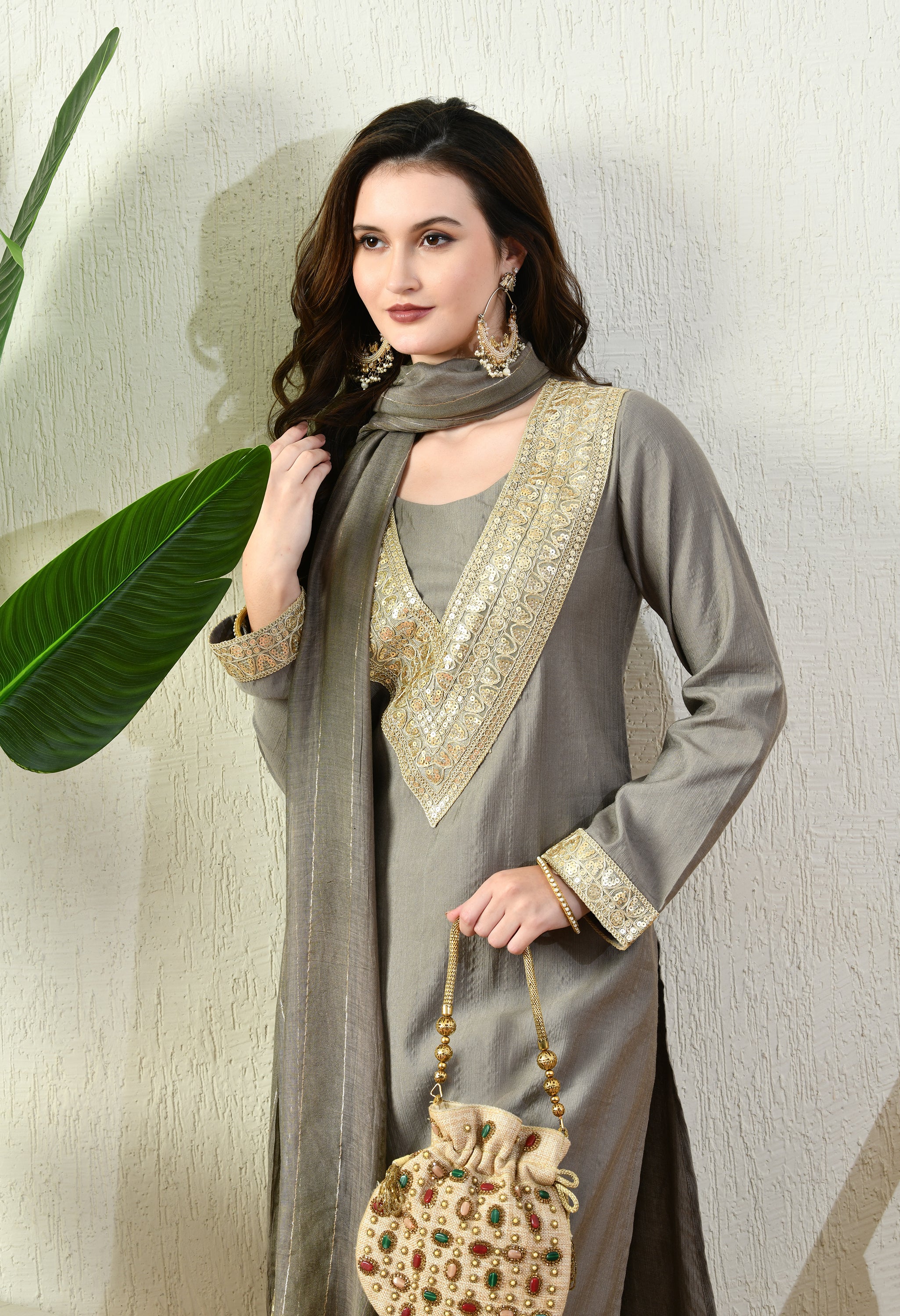 Myshka Gray Silk Blend Straight Round Neck Long Sleeves Kurta Trousers With Dupatta - Distacart