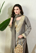 Thumbnail for Myshka Gray Silk Blend Straight Round Neck Long Sleeves Kurta Trousers With Dupatta - Distacart