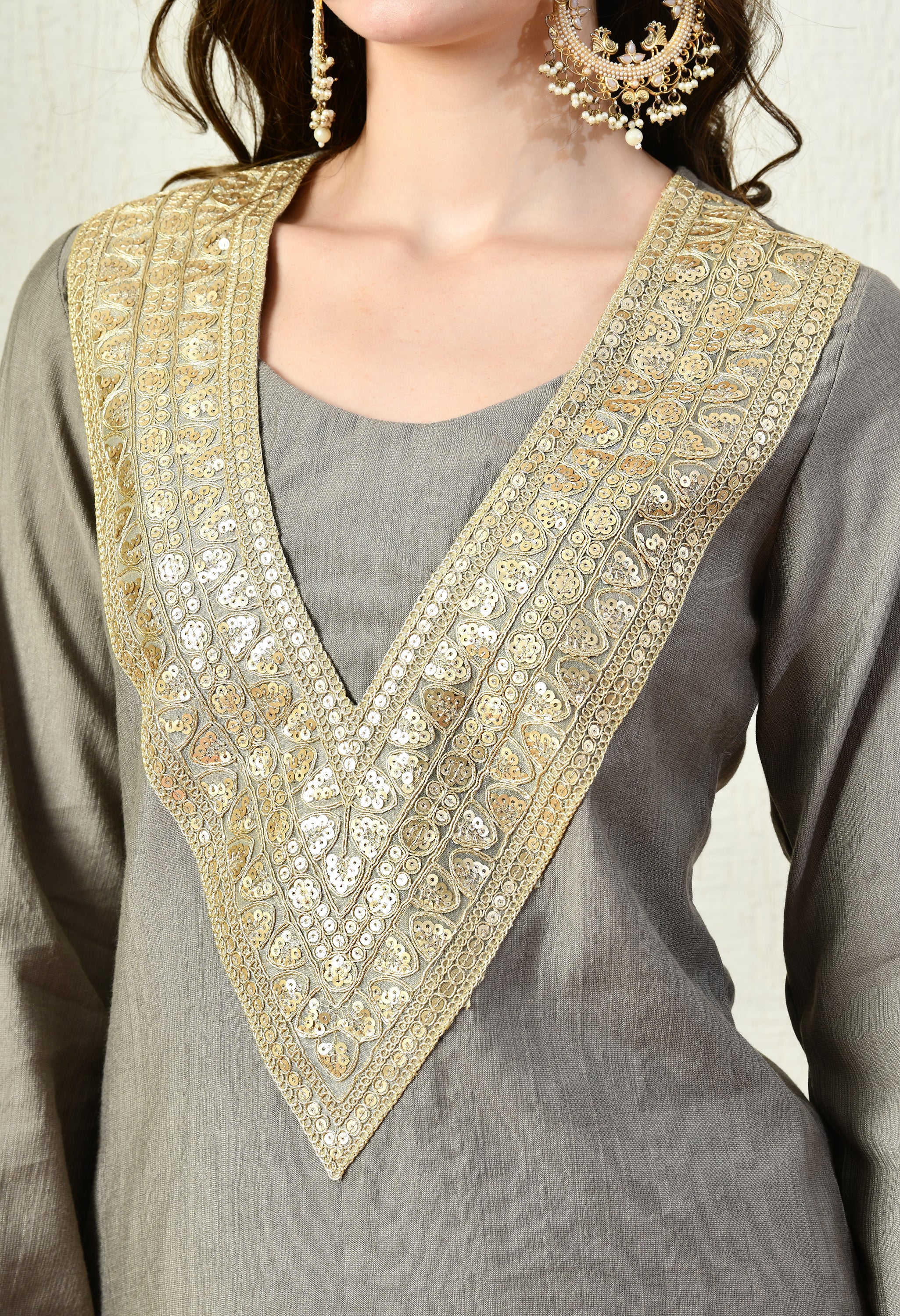 Myshka Gray Silk Blend Straight Round Neck Long Sleeves Kurta Trousers With Dupatta - Distacart