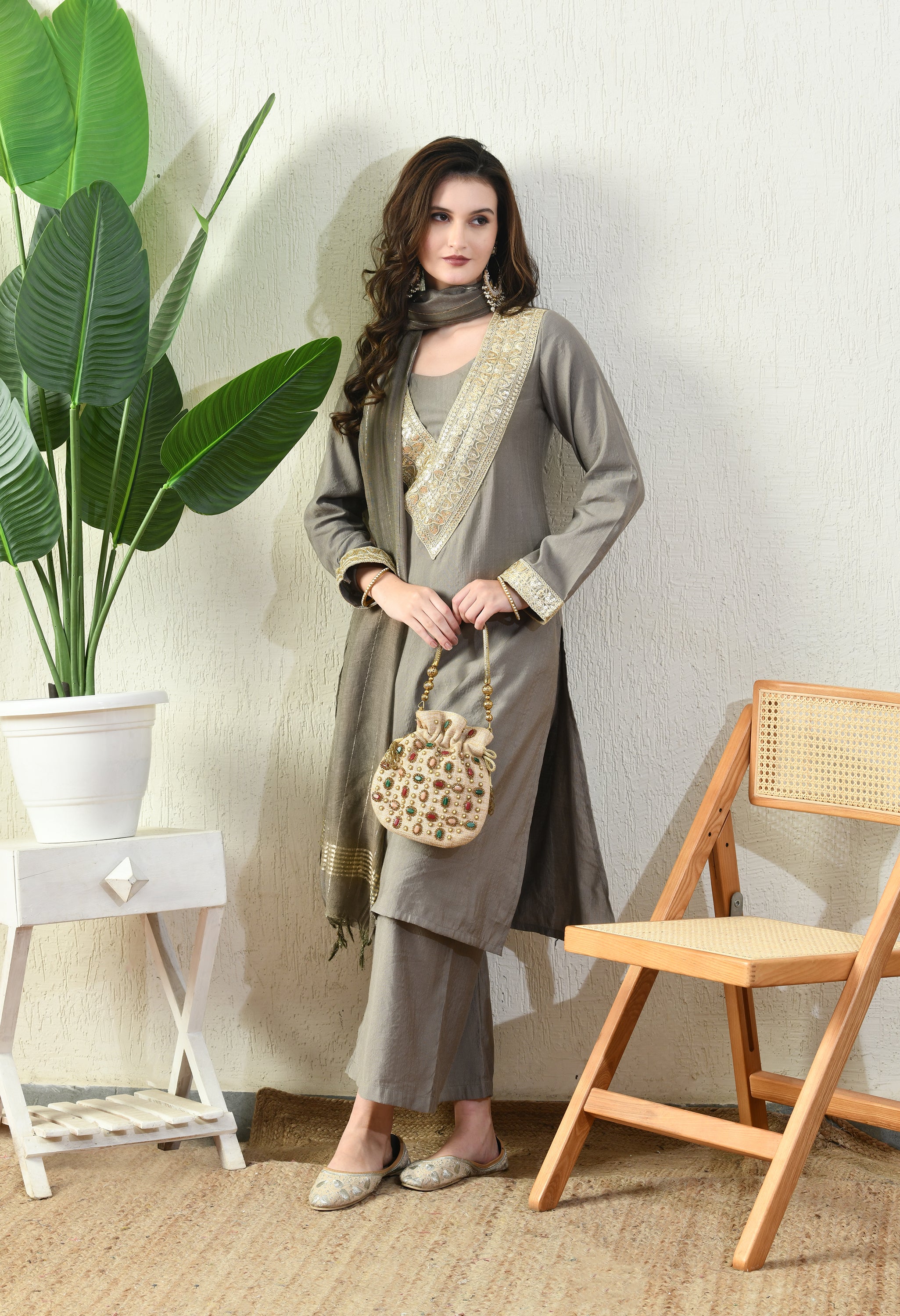 Myshka Gray Silk Blend Straight Round Neck Long Sleeves Kurta Trousers With Dupatta - Distacart