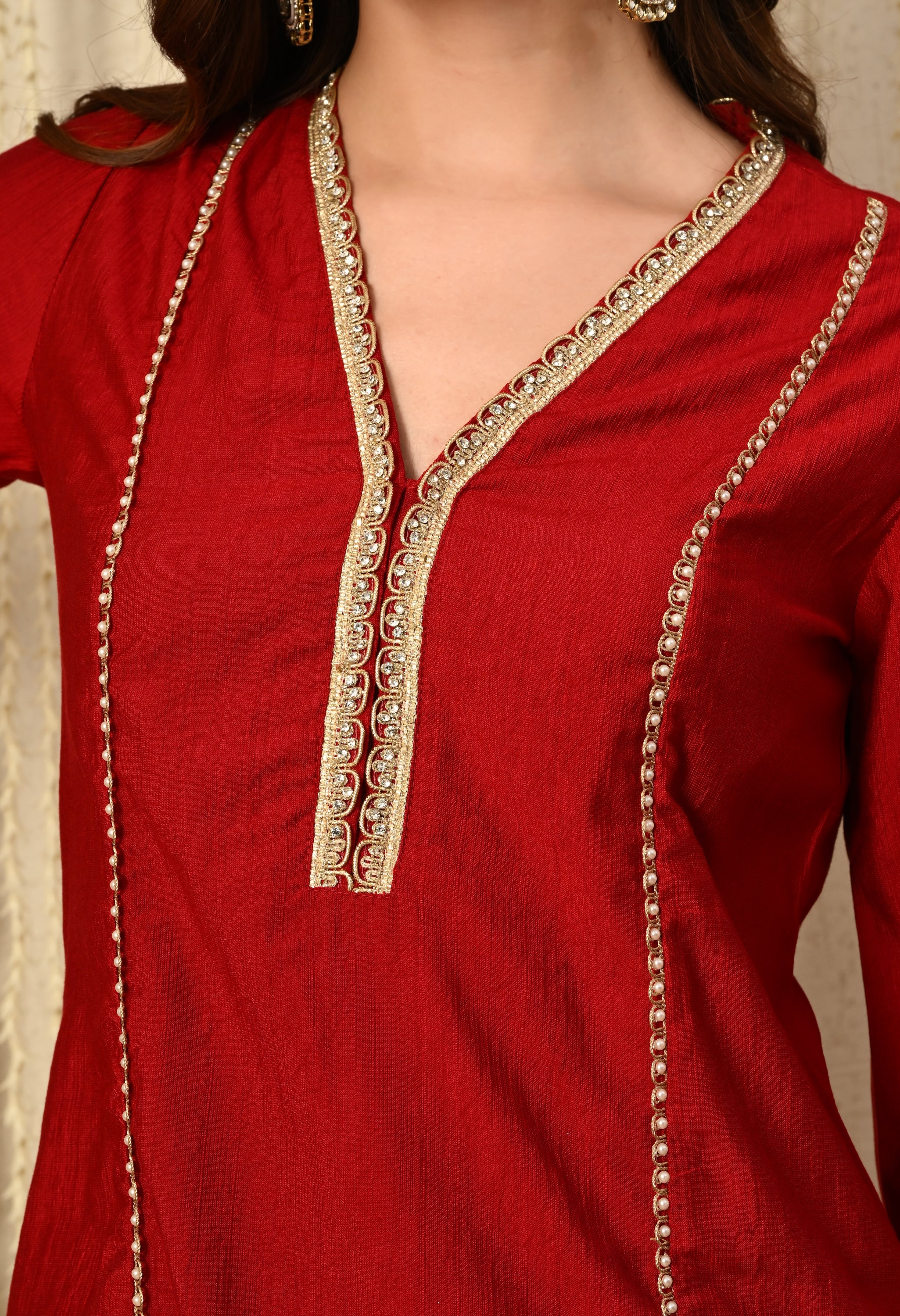 Myshka Red Silk Blend Straight Round Neck Three-Quarter Sleeves Kurta Trousers Set - Distacart