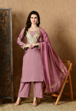 Thumbnail for Myshka Lavender Silk Blend Straight Round Neck Long Sleeves Kurta Trousers With Dupatta - Distacart