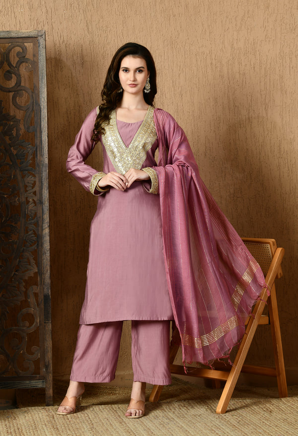 Myshka Lavender Silk Blend Straight Round Neck Long Sleeves Kurta Trousers With Dupatta - Distacart