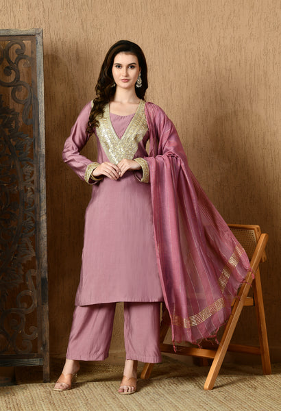Myshka Lavender Silk Blend Straight Round Neck Long Sleeves Kurta Trousers With Dupatta - Distacart