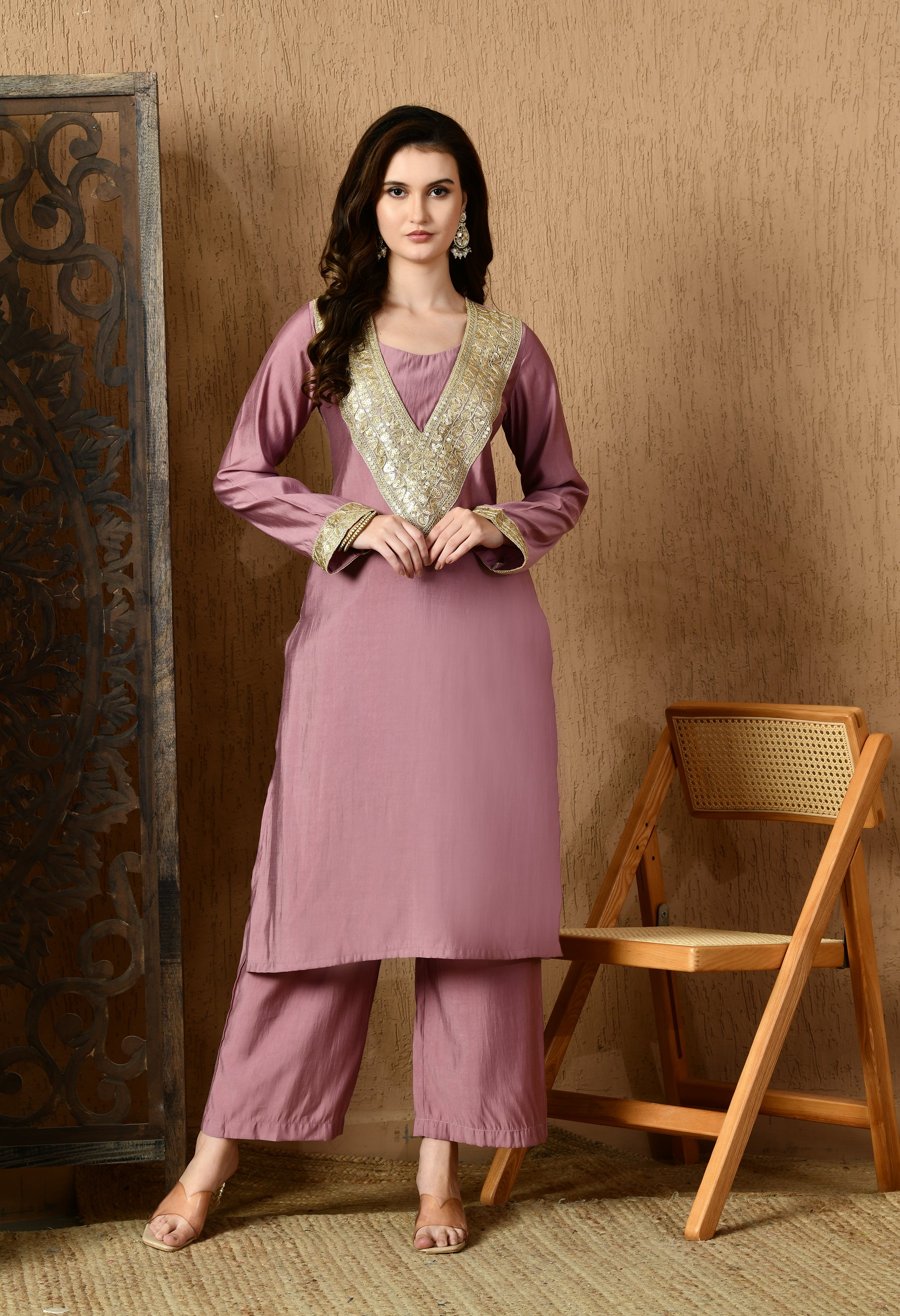 Myshka Lavender Silk Blend Straight Round Neck Long Sleeves Kurta Trousers With Dupatta - Distacart