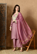 Thumbnail for Myshka Lavender Silk Blend Straight Round Neck Long Sleeves Kurta Trousers With Dupatta - Distacart