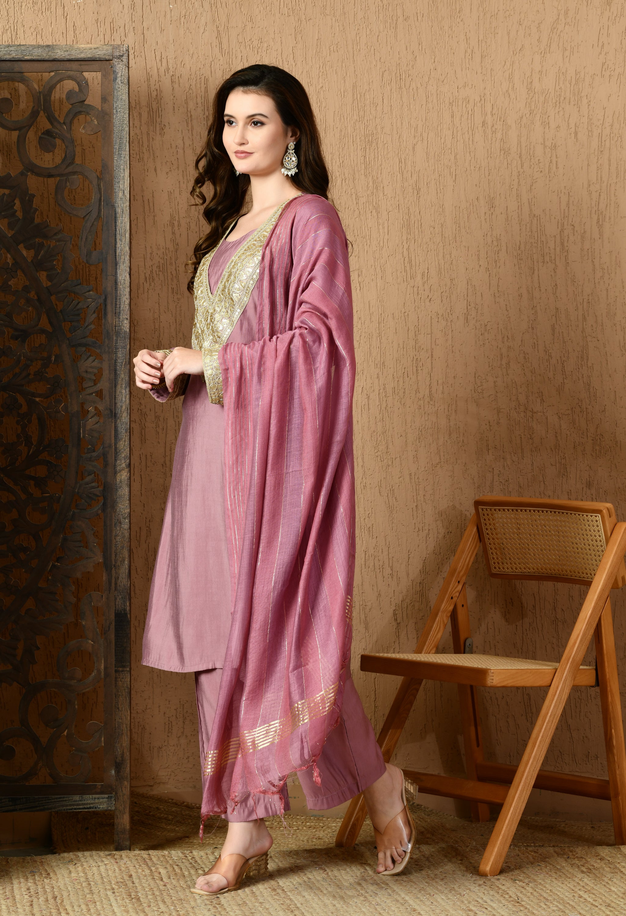 Myshka Lavender Silk Blend Straight Round Neck Long Sleeves Kurta Trousers With Dupatta - Distacart