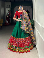Thumbnail for Lorenvalley Green Dola Silk Printed With Foil Work And Original Mirror Gamthi Lace Touch Up Lehenga Choli with Dupatta - Distacart