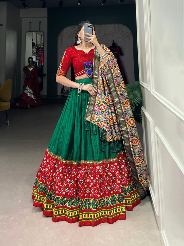 Lorenvalley Green Dola Silk Printed With Foil Work And Original Mirror Gamthi Lace Touch Up Lehenga Choli with Dupatta - Distacart