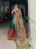 Thumbnail for Lorenvalley Green Dola Silk Printed With Foil Work And Original Mirror Gamthi Lace Touch Up Lehenga Choli with Dupatta - Distacart