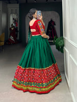 Thumbnail for Lorenvalley Green Dola Silk Printed With Foil Work And Original Mirror Gamthi Lace Touch Up Lehenga Choli with Dupatta - Distacart