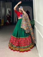 Thumbnail for Lorenvalley Green Dola Silk Printed With Foil Work And Original Mirror Gamthi Lace Touch Up Lehenga Choli with Dupatta - Distacart
