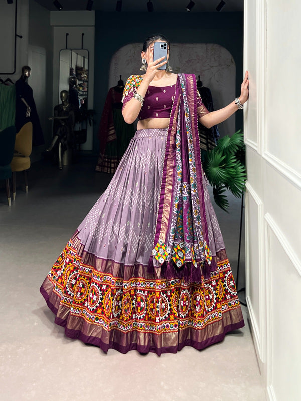 Lorenvalley Wine Tussar Silk Dot and Ikkat Print with Mirror Gamthi Work and Foil Work Lehenga Choli with Dupatta - Distacart