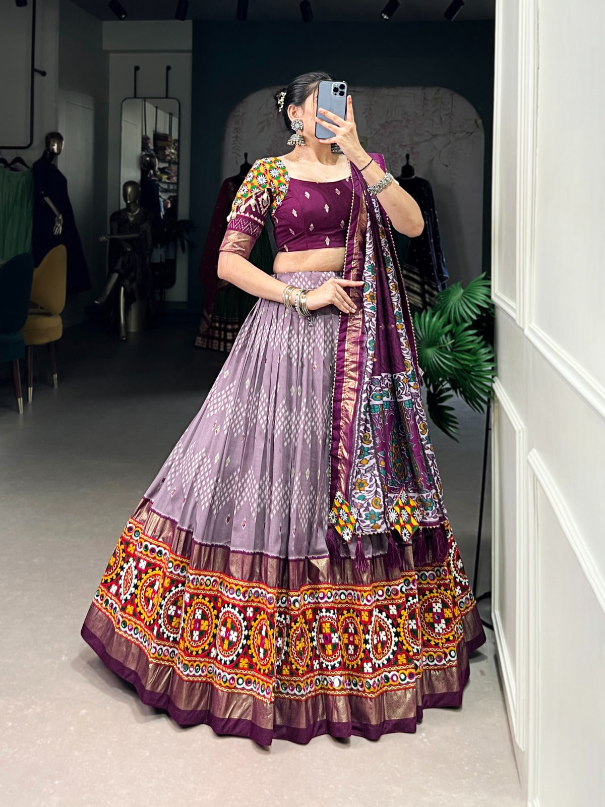 Lorenvalley Wine Tussar Silk Dot and Ikkat Print with Mirror Gamthi Work and Foil Work Lehenga Choli with Dupatta - Distacart