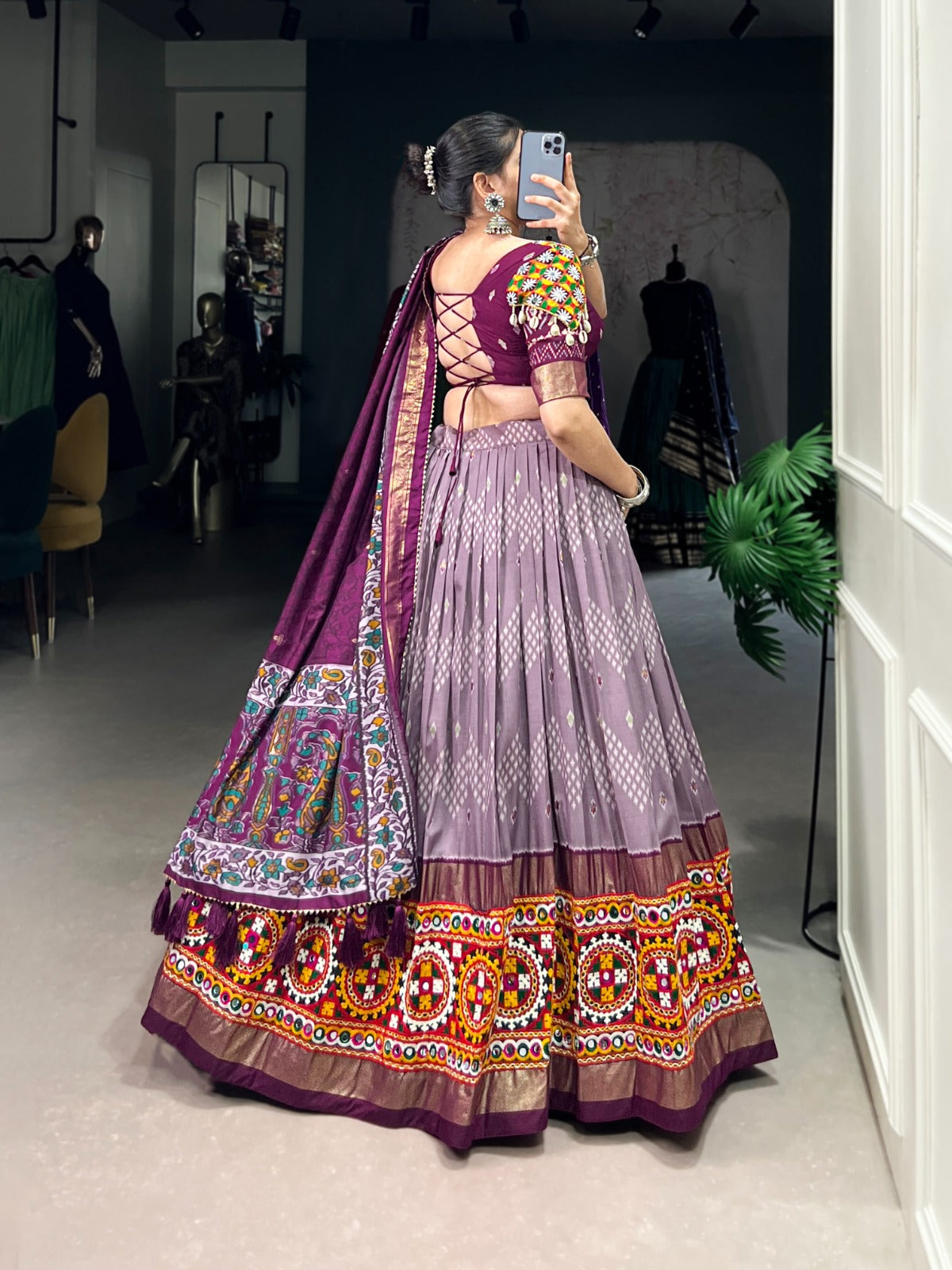 Lorenvalley Wine Tussar Silk Dot and Ikkat Print with Mirror Gamthi Work and Foil Work Lehenga Choli with Dupatta - Distacart