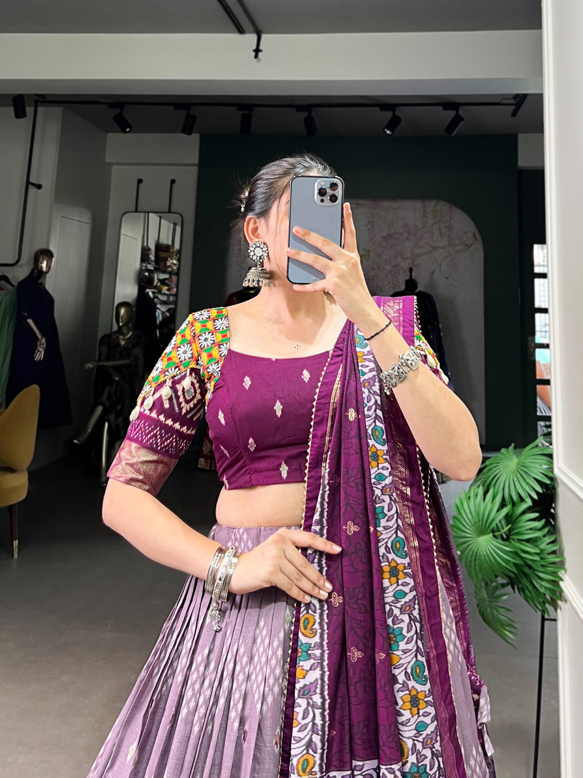 Lorenvalley Wine Tussar Silk Dot and Ikkat Print with Mirror Gamthi Work and Foil Work Lehenga Choli with Dupatta - Distacart