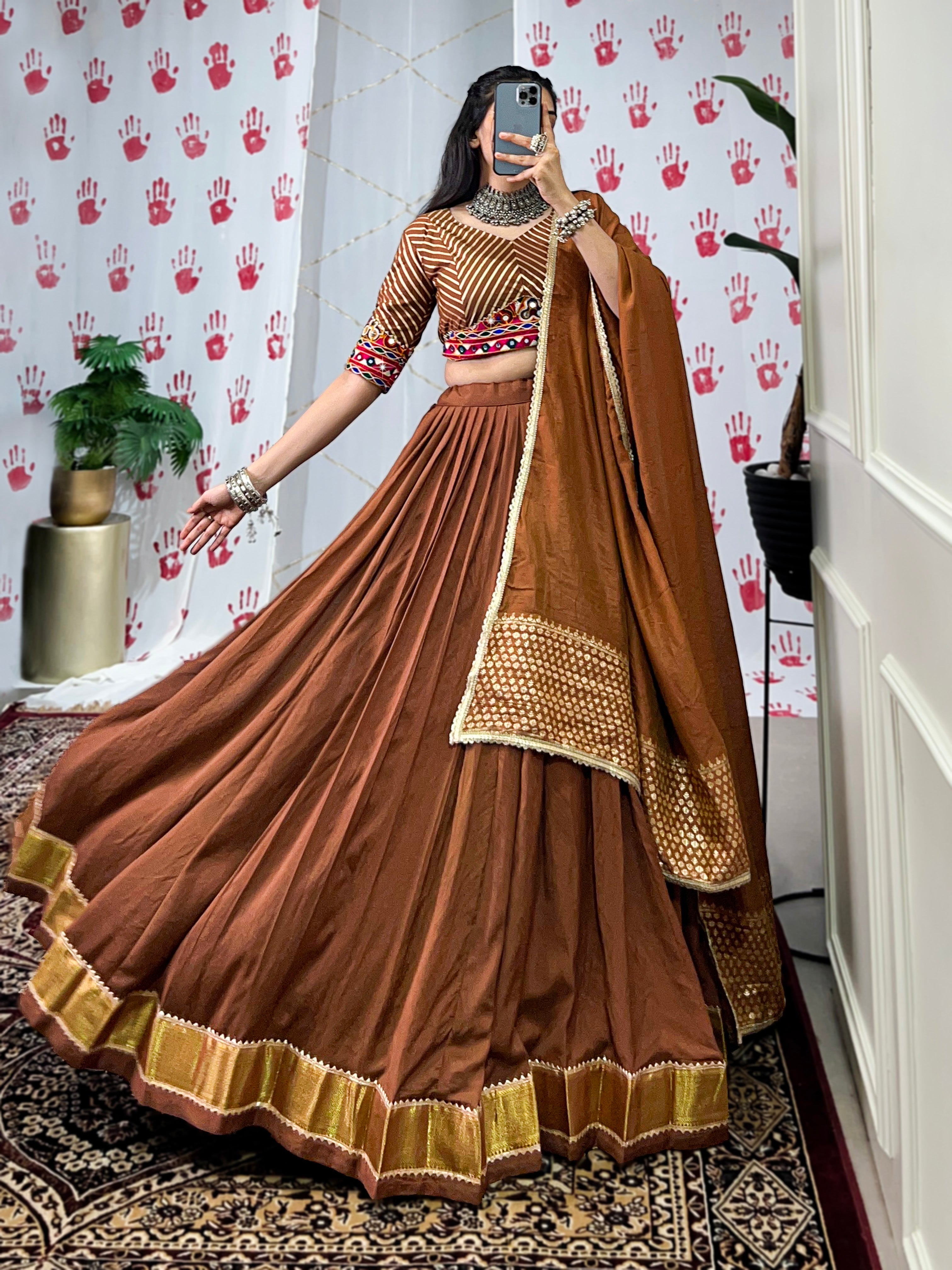 Lorenvalley Brown Pure Chanderi Zari Weaving Work With Gotta Patti Lace Touch Up Lehenga Choli with Dupatta