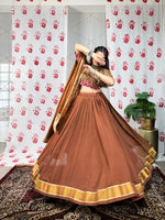 Thumbnail for Lorenvalley Brown Pure Chanderi Zari Weaving Work With Gotta Patti Lace Touch Up Lehenga Choli with Dupatta