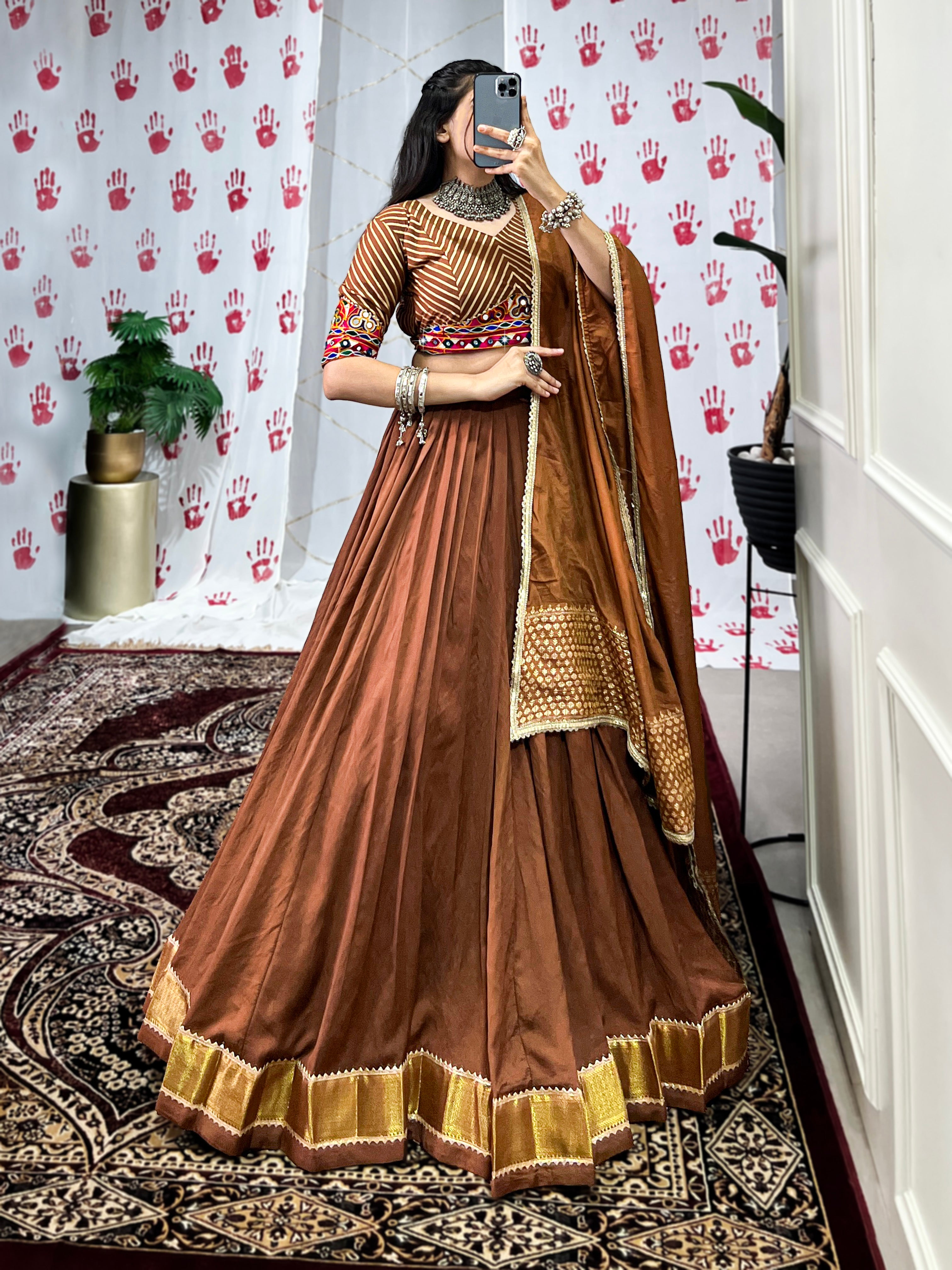 Lorenvalley Brown Pure Chanderi Zari Weaving Work With Gotta Patti Lace Touch Up Lehenga Choli with Dupatta