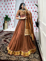 Thumbnail for Lorenvalley Brown Pure Chanderi Zari Weaving Work With Gotta Patti Lace Touch Up Lehenga Choli with Dupatta