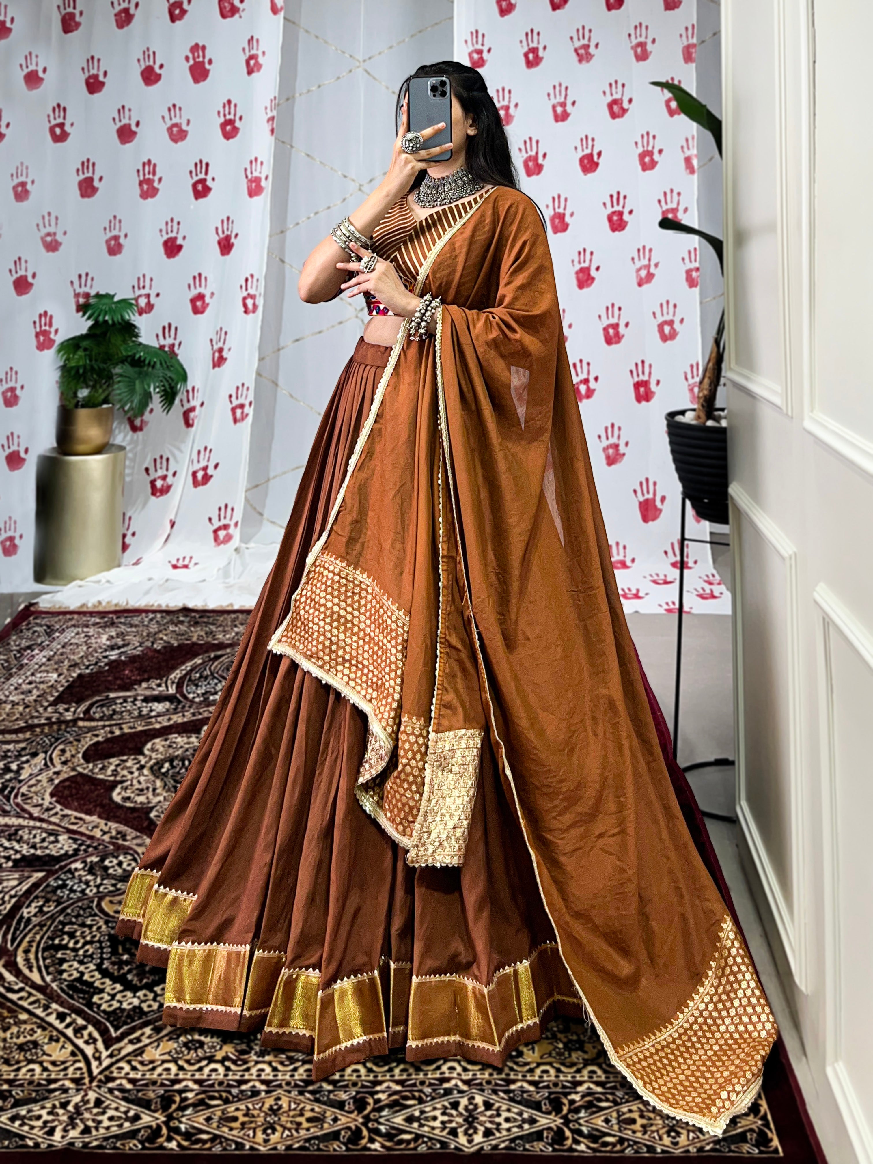 Lorenvalley Brown Pure Chanderi Zari Weaving Work With Gotta Patti Lace Touch Up Lehenga Choli with Dupatta