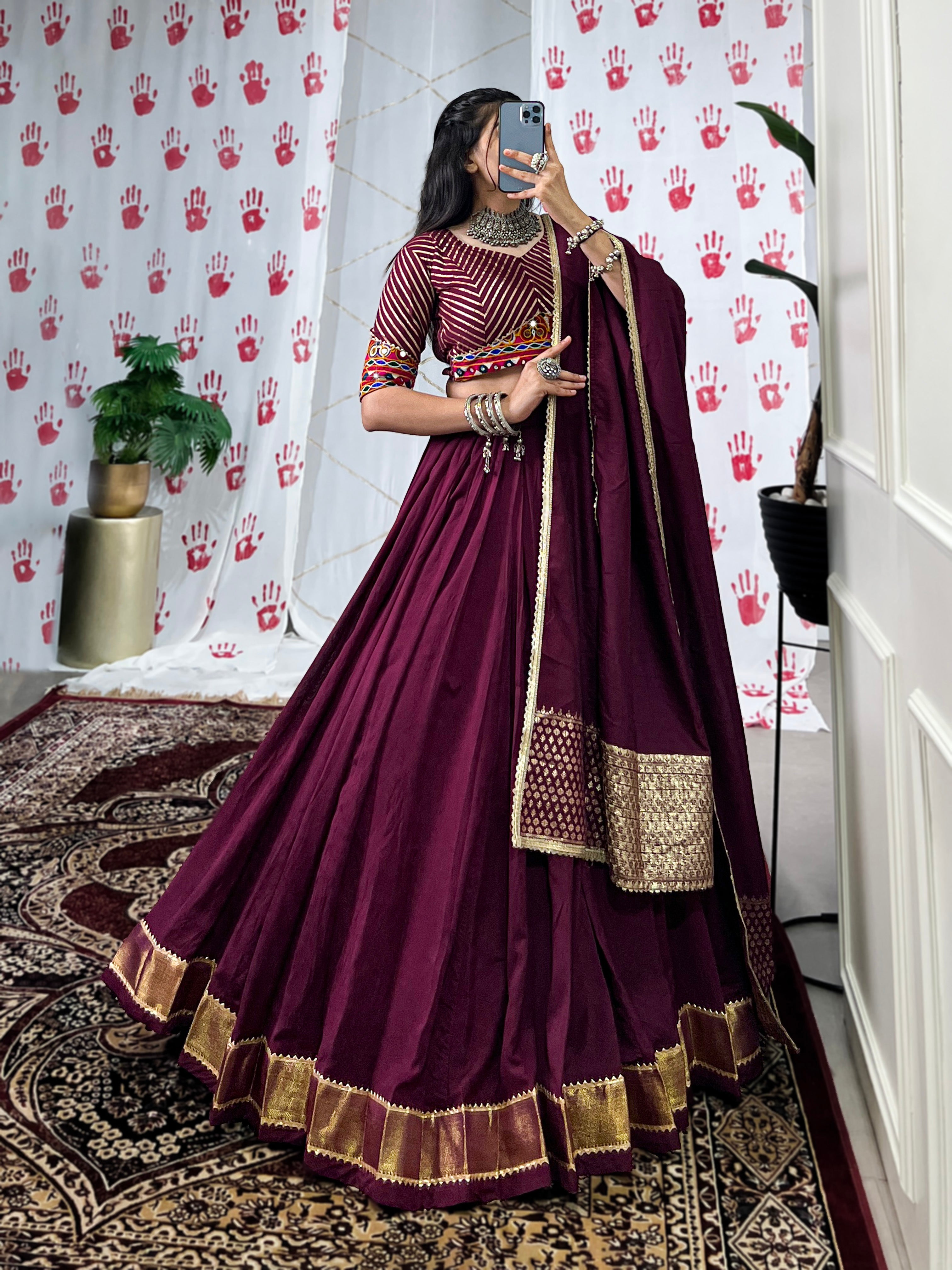 Lorenvalley Wine Pure Chanderi Zari Weaving Work With Gotta Patti Lace Touch Up Lehenga Choli with Dupatta