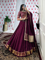 Thumbnail for Lorenvalley Wine Pure Chanderi Zari Weaving Work With Gotta Patti Lace Touch Up Lehenga Choli with Dupatta