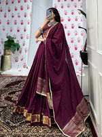 Thumbnail for Lorenvalley Wine Pure Chanderi Zari Weaving Work With Gotta Patti Lace Touch Up Lehenga Choli with Dupatta