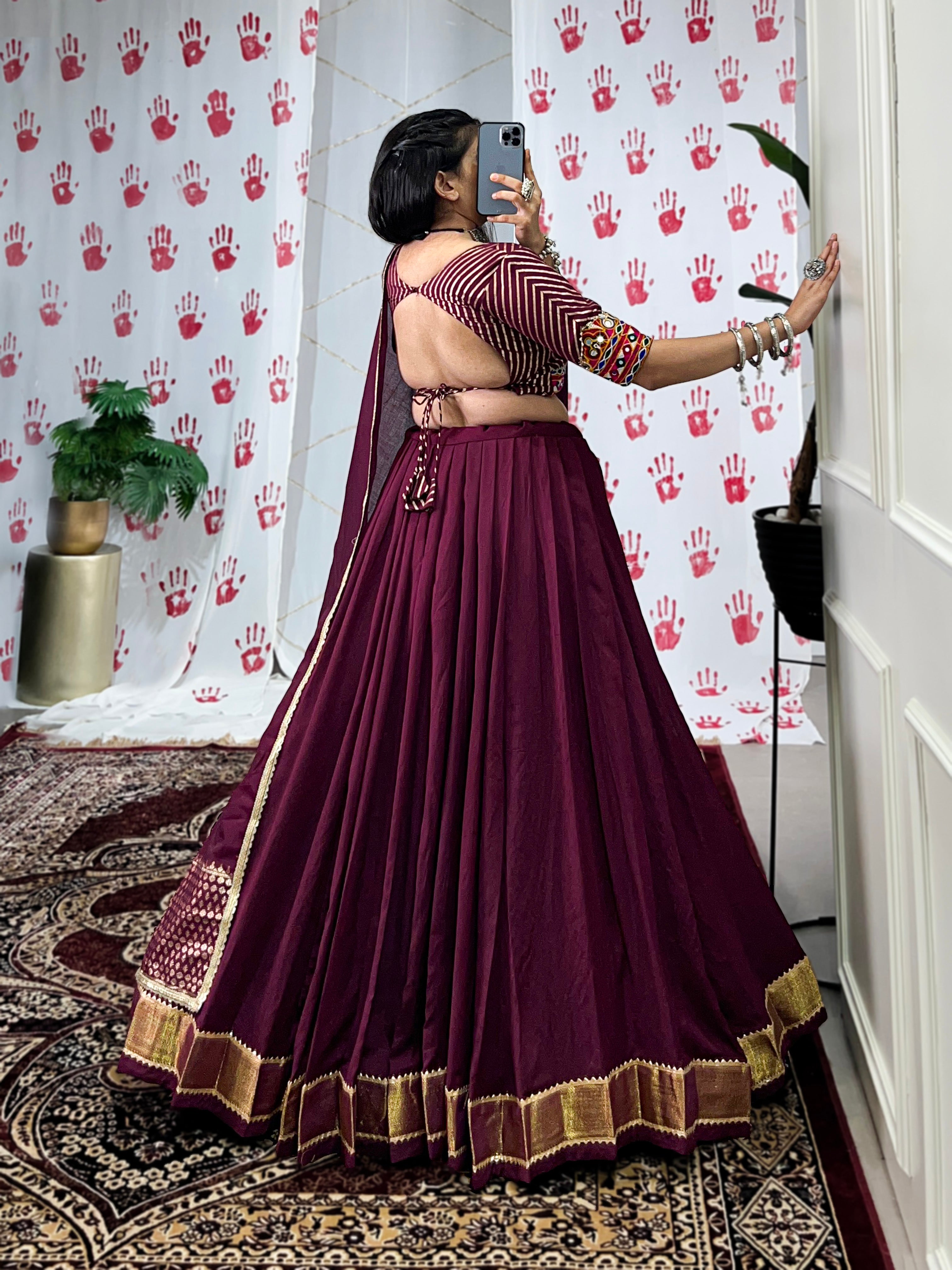 Lorenvalley Wine Pure Chanderi Zari Weaving Work With Gotta Patti Lace Touch Up Lehenga Choli with Dupatta