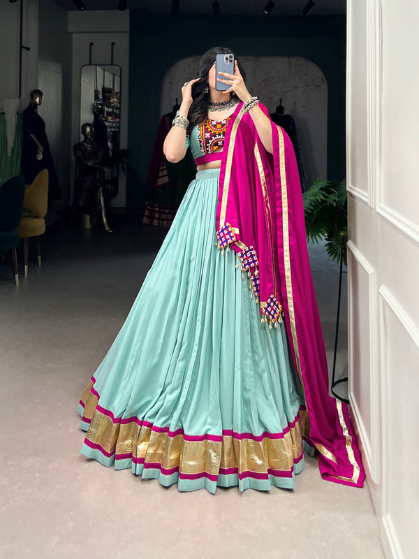 Lorenvalley Seagreen Pure Rayon Embossed Design Lace Touch Up Lehenga Choli with Dupatta - Distacart