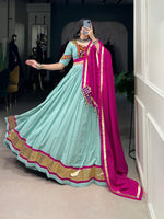 Thumbnail for Lorenvalley Seagreen Pure Rayon Embossed Design Lace Touch Up Lehenga Choli with Dupatta - Distacart