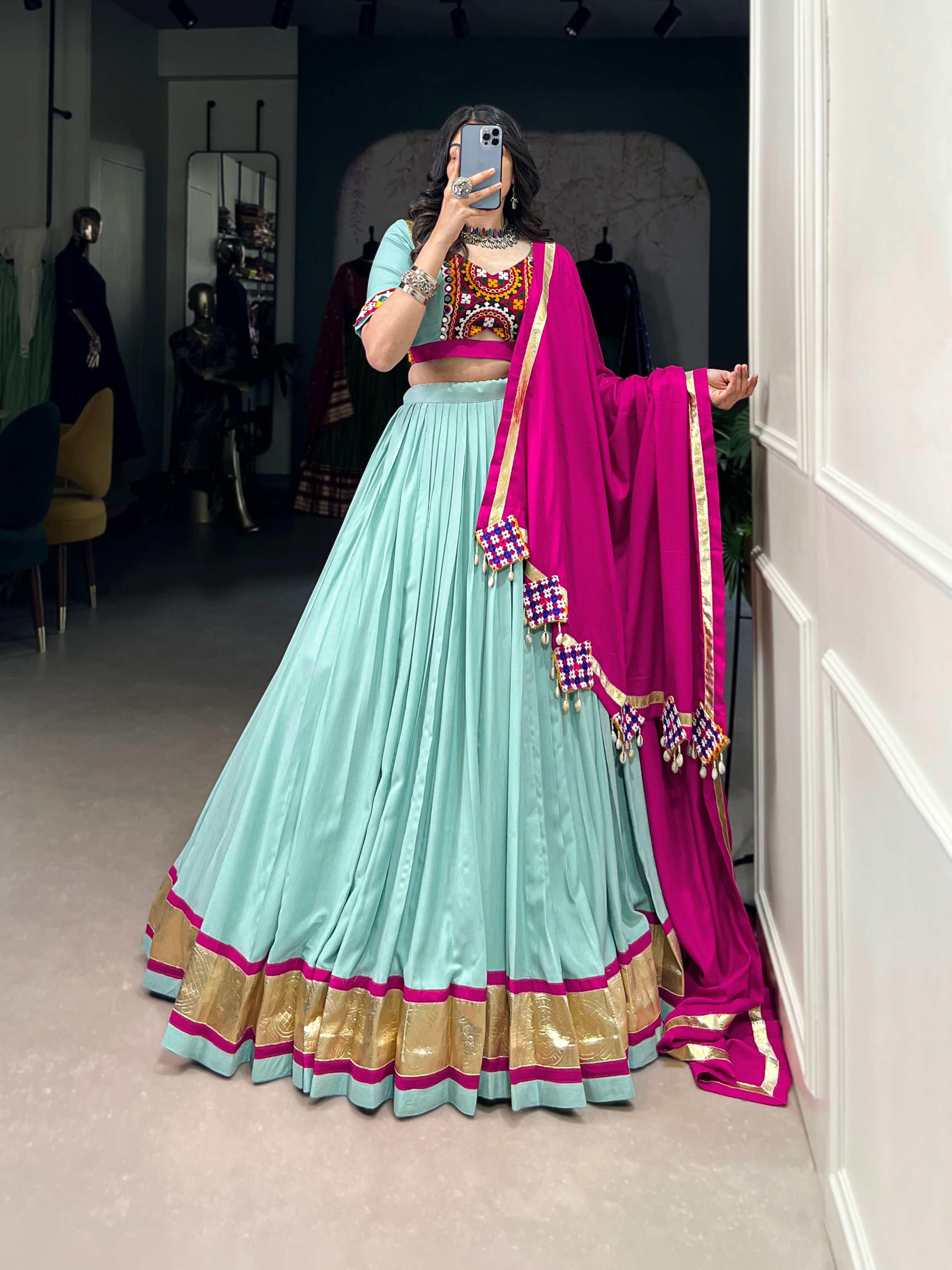 Lorenvalley Seagreen Pure Rayon Embossed Design Lace Touch Up Lehenga Choli with Dupatta - Distacart