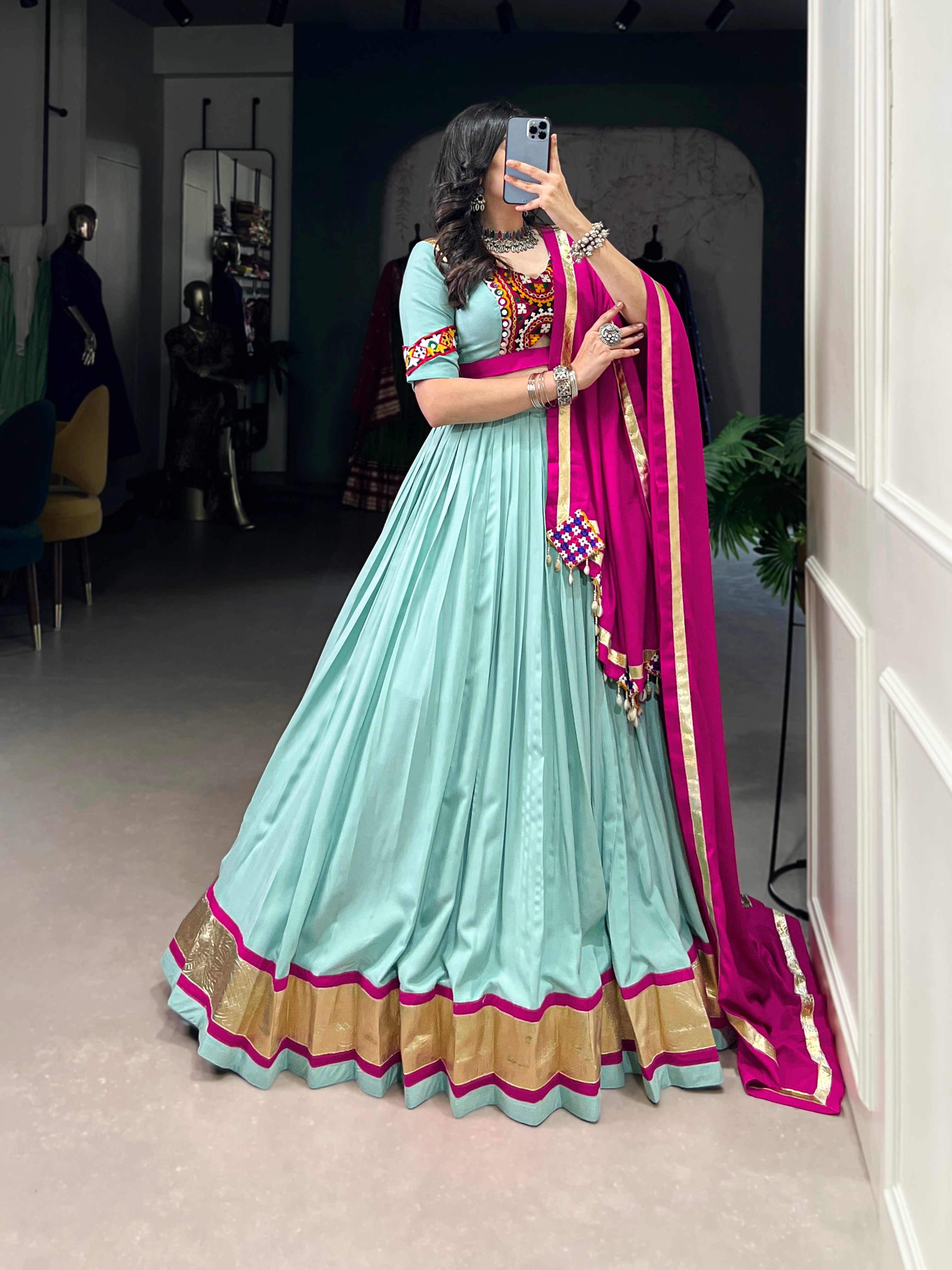 Lorenvalley Seagreen Pure Rayon Embossed Design Lace Touch Up Lehenga Choli with Dupatta - Distacart