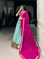 Thumbnail for Lorenvalley Seagreen Pure Rayon Embossed Design Lace Touch Up Lehenga Choli with Dupatta - Distacart