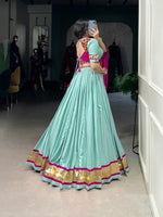 Thumbnail for Lorenvalley Seagreen Pure Rayon Embossed Design Lace Touch Up Lehenga Choli with Dupatta - Distacart