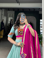 Thumbnail for Lorenvalley Seagreen Pure Rayon Embossed Design Lace Touch Up Lehenga Choli with Dupatta - Distacart