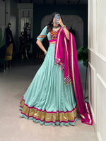 Thumbnail for Lorenvalley Seagreen Pure Rayon Embossed Design Lace Touch Up Lehenga Choli with Dupatta - Distacart