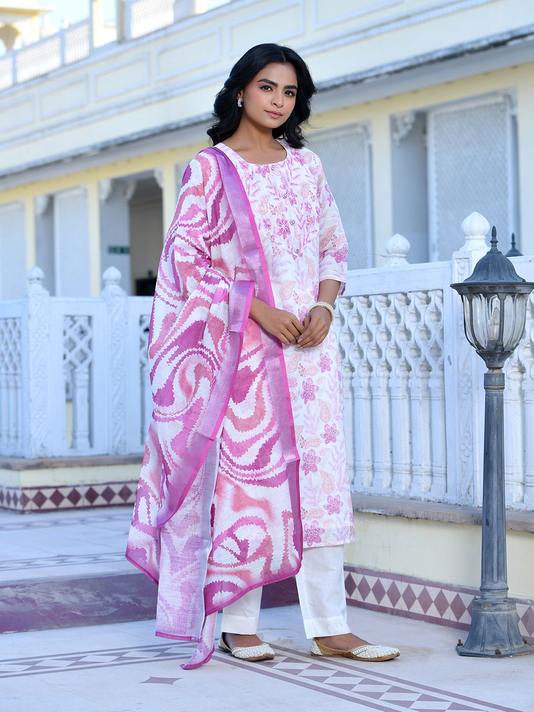 Vaasva Women's Cream Purple Linen Digital Printed Suit Set - Distacart