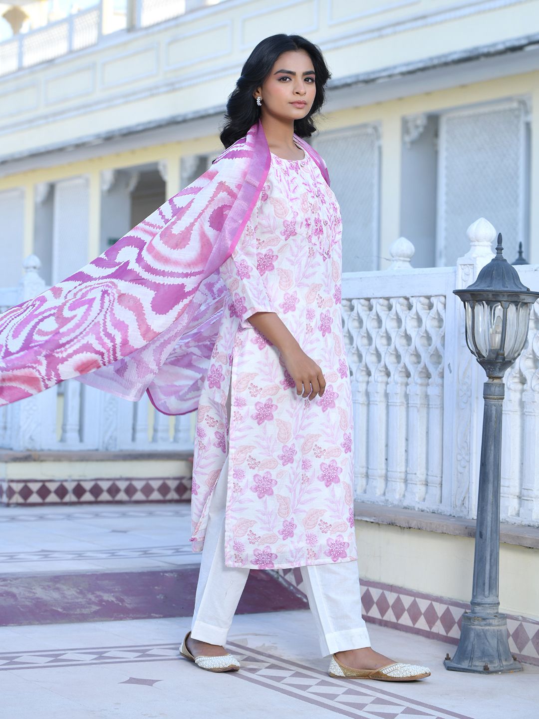 Vaasva Women's Cream Purple Linen Digital Printed Suit Set - Distacart