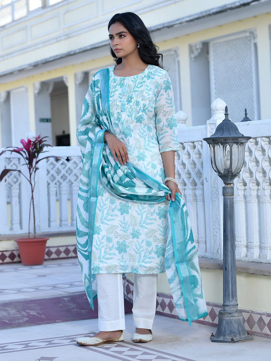 Vaasva Women's Cream Turquoise Linen Digital Printed Suit Set - Distacart