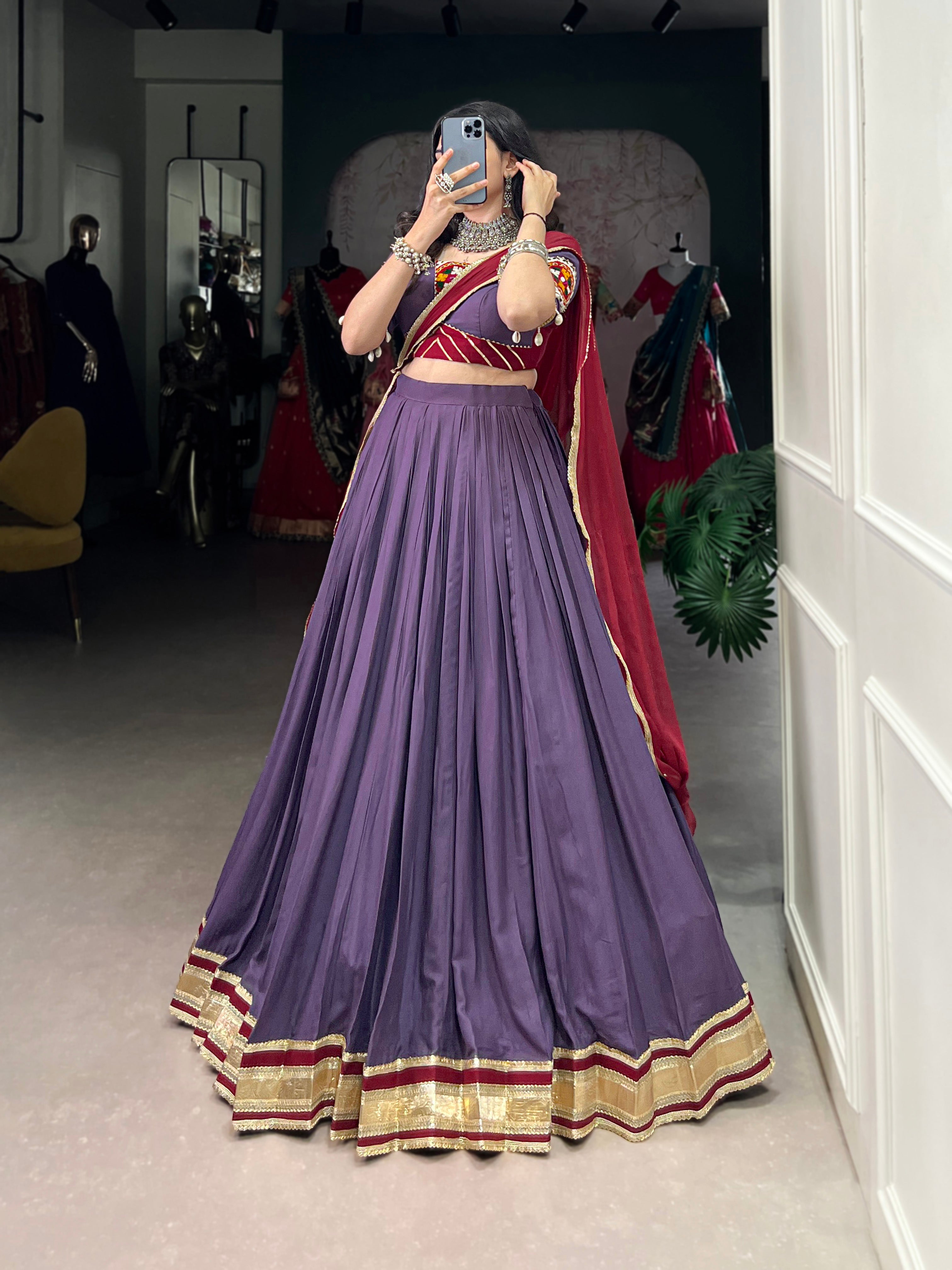 Lorenvalley Mauve Pure Rayon Embossed Design With Sequins Lace Border Lehenga Choli with Dupatta - Distacart