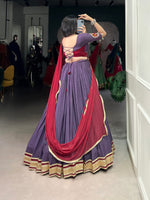 Thumbnail for Lorenvalley Mauve Pure Rayon Embossed Design With Sequins Lace Border Lehenga Choli with Dupatta - Distacart