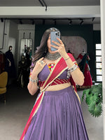 Thumbnail for Lorenvalley Mauve Pure Rayon Embossed Design With Sequins Lace Border Lehenga Choli with Dupatta - Distacart