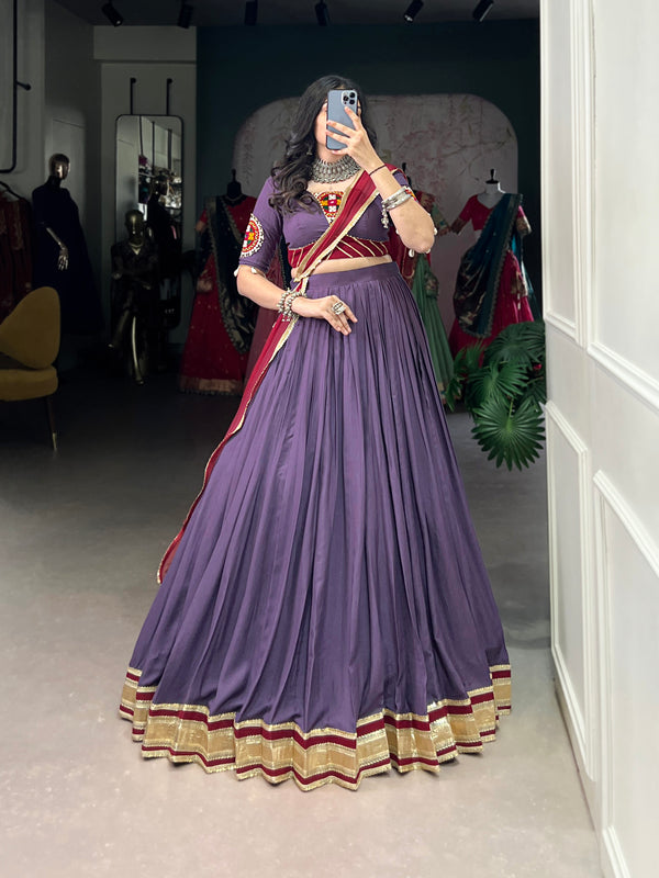 Lorenvalley Mauve Pure Rayon Embossed Design With Sequins Lace Border Lehenga Choli with Dupatta - Distacart