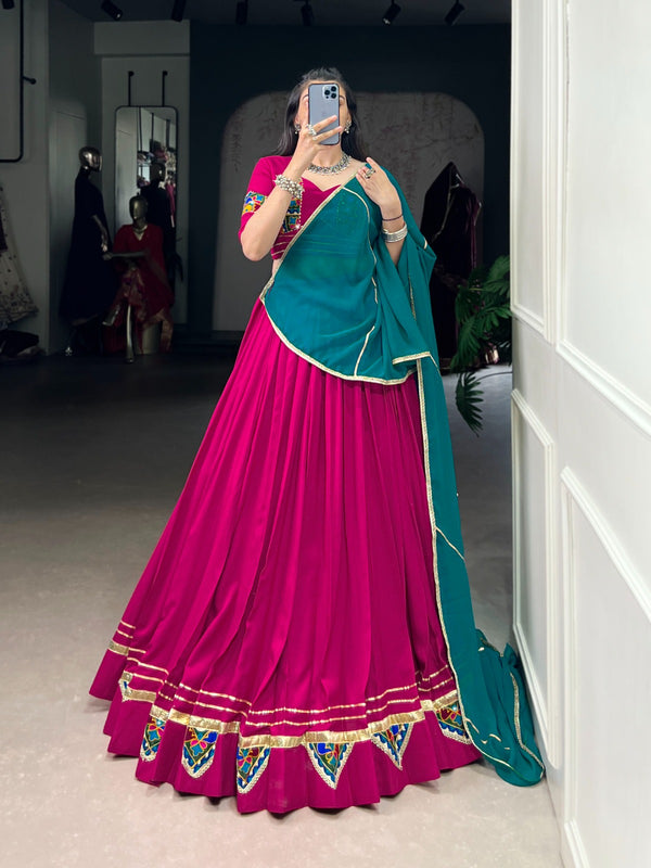 Lorenvalley Fashion Pink Pure Rayon Gamthi Work With Embossed Design And Lace Touch Up Lehenga Choli with Dupatta
