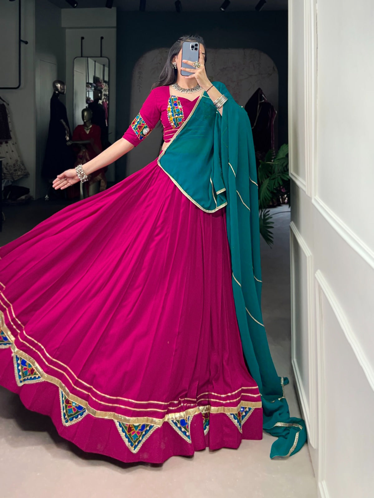 Lorenvalley Fashion Pink Pure Rayon Gamthi Work With Embossed Design And Lace Touch Up Lehenga Choli with Dupatta